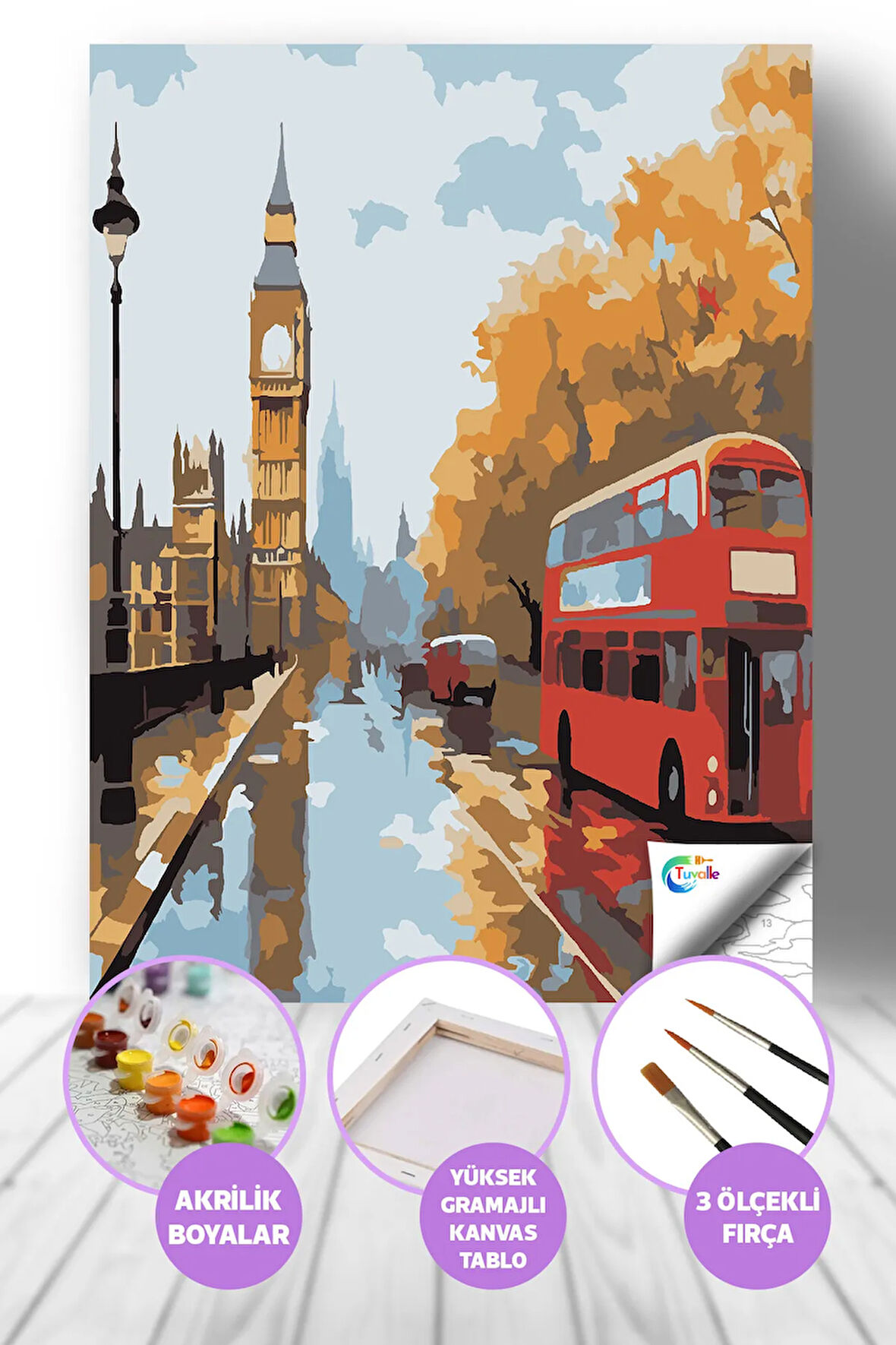 Yağmurda Londra Sayılarla Boyama Seti, Hobi Seti, 40X50 Tablo, Fırça Boya, Numaralı Tuval
