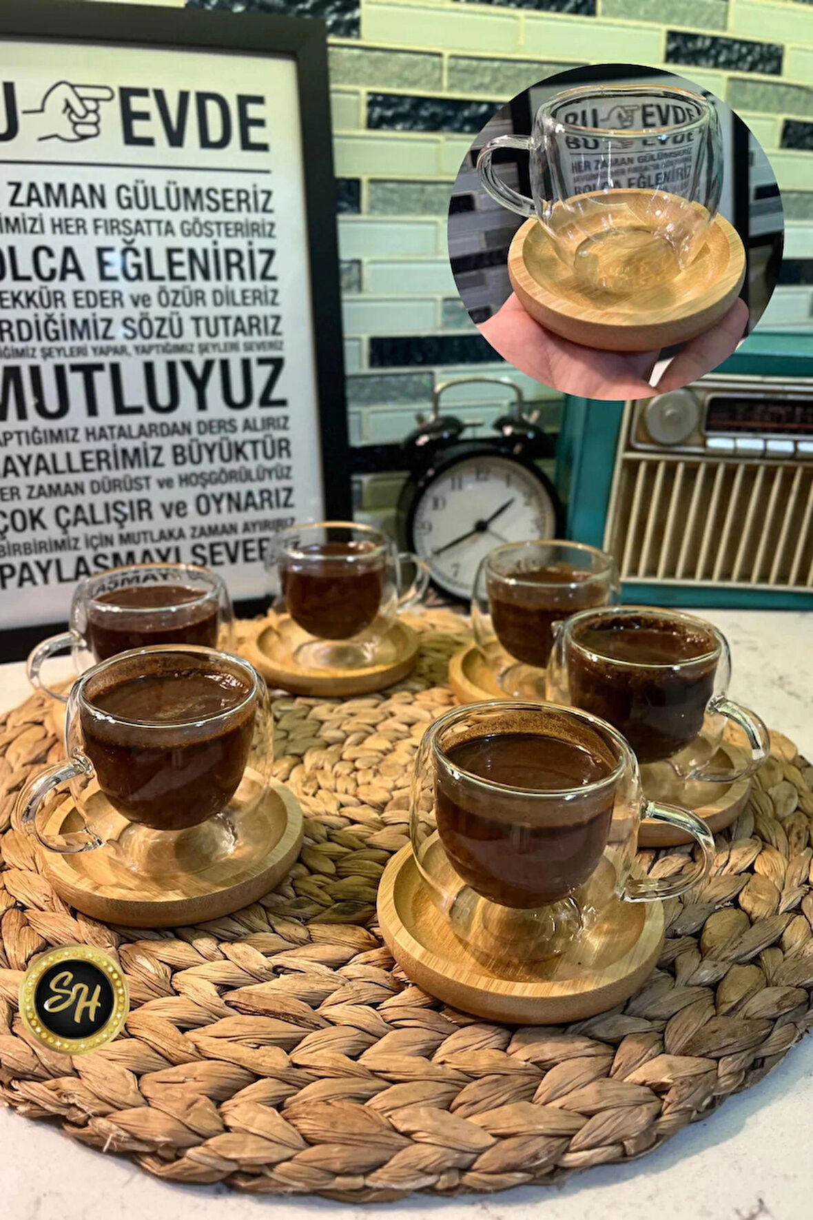 6'lı Bambu Tabak Çift Cidarlı Kahve Takımı Fincan 80 ML