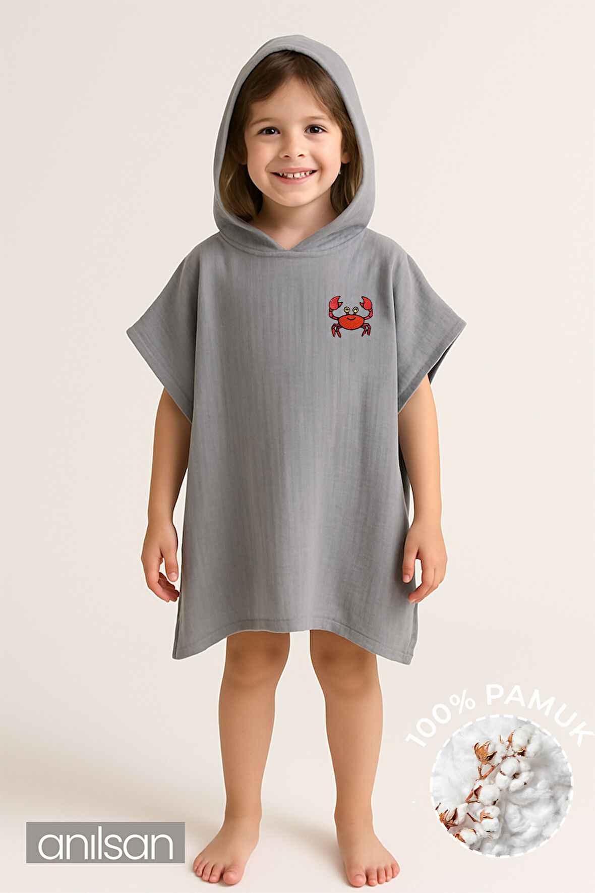 %100 Pamuk Müslin Kapşonlu Plaj Çocuk Bebek Panço Yengeç