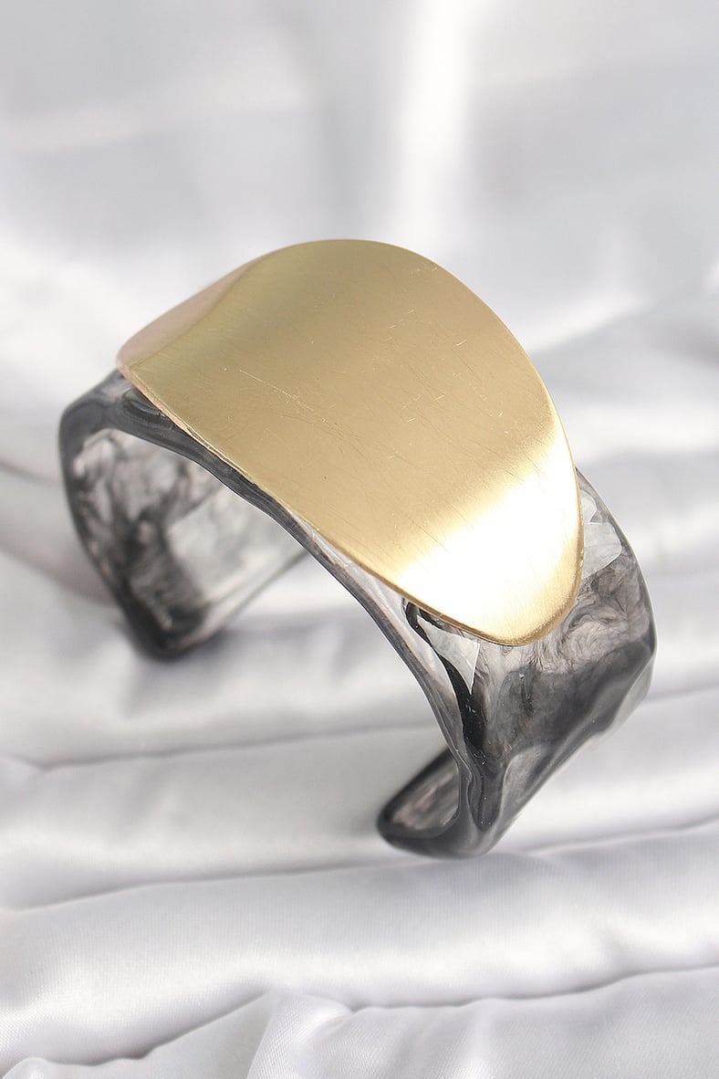 hediyelik Siyah Mermer Desen Akrilik Plastik Gold Oval Plaka Model Vintage Kadın Bilezik