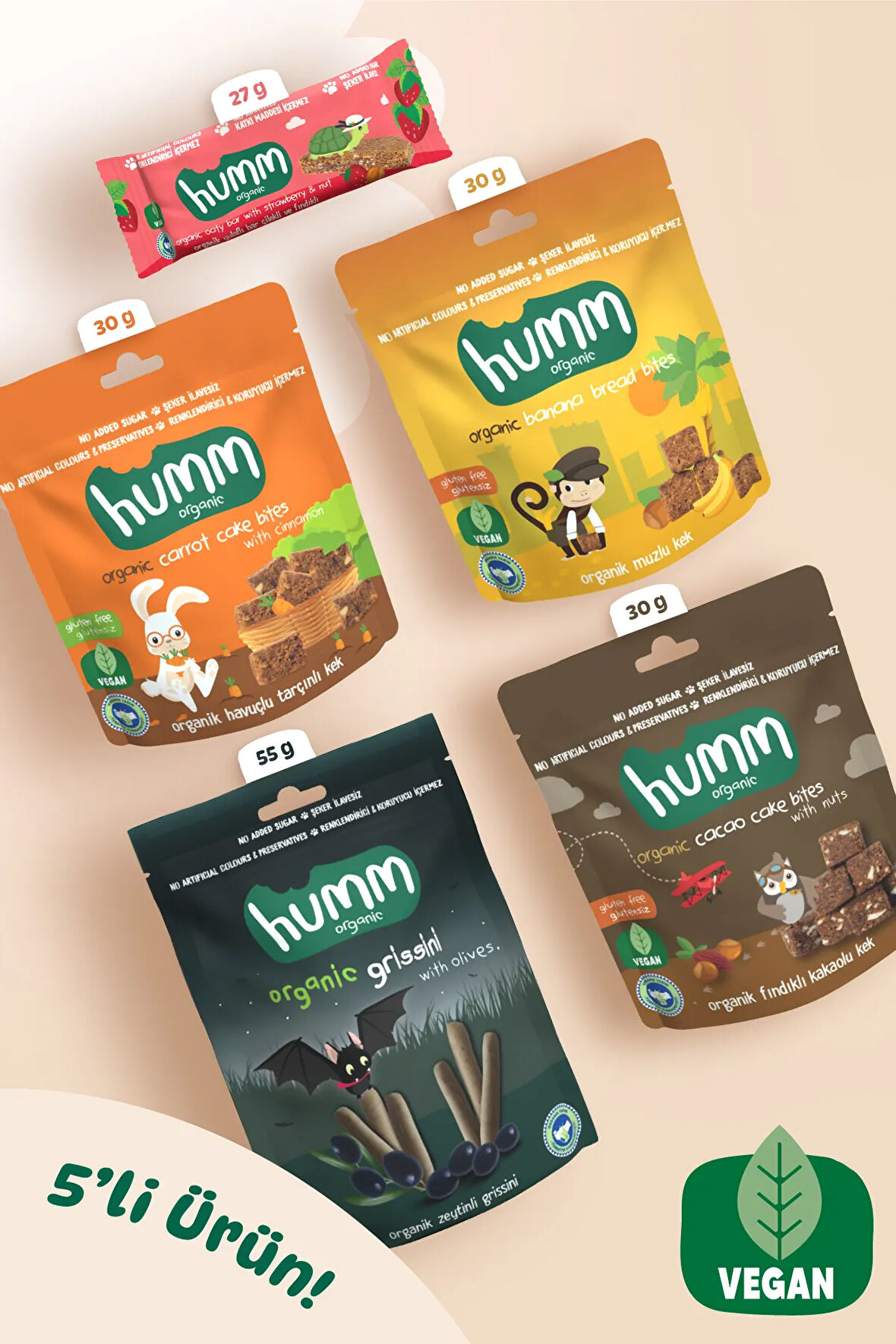 Humm Organic Organik Vegan En Yeniler Atıştırmalık Paketi - 5 adet (5 çeşit)