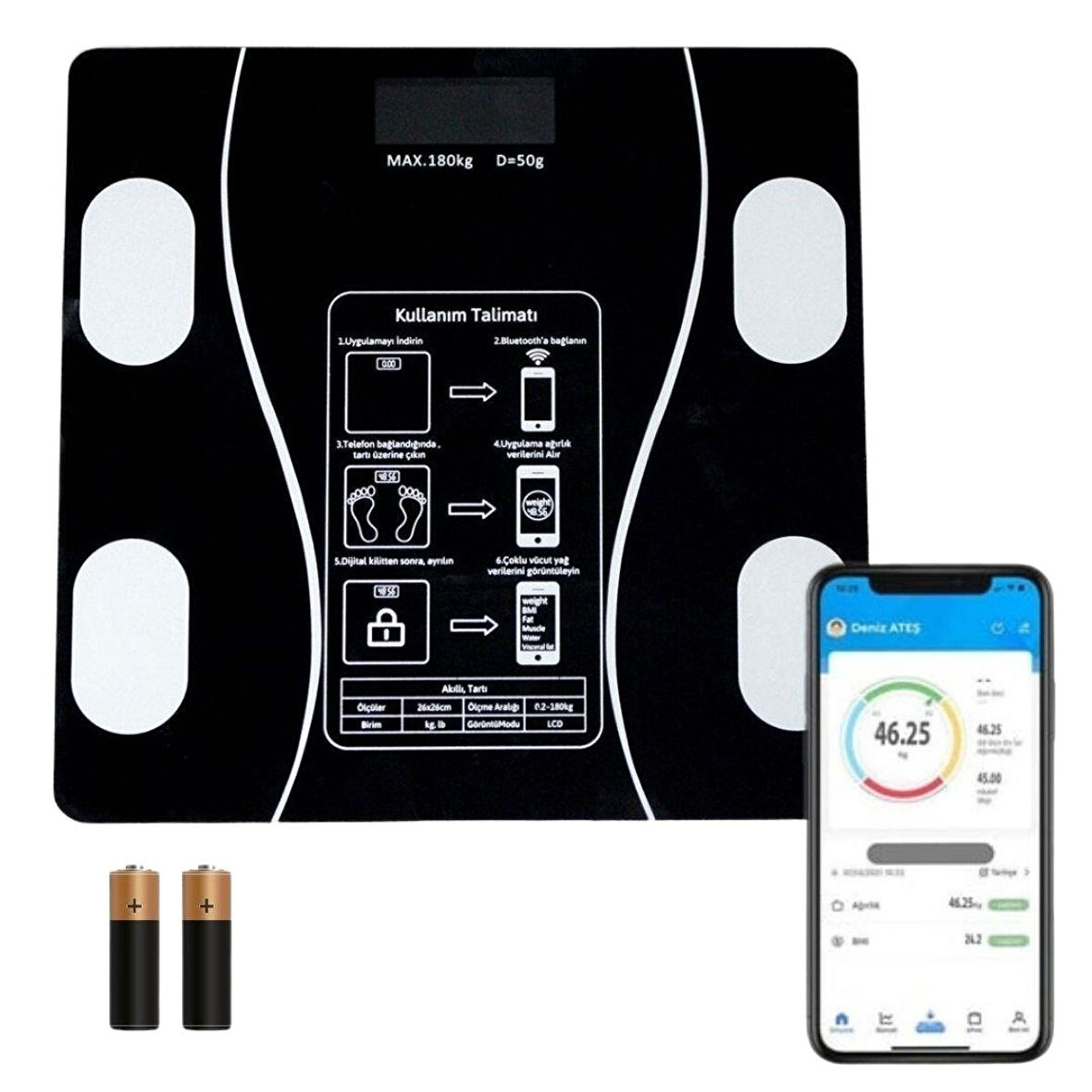 Buffer® Dijital Baskül Yağ Ölçer Fonksiyonlu Akıllı Baskül Bluetooth Bağlantılı Tartı