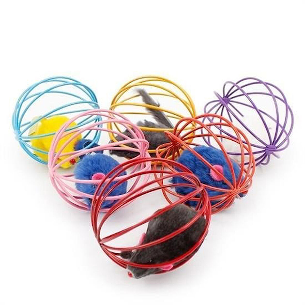 Buffer® Renkli Metal Kafesli Peluş Fareli Kedi Köpek Oyuncağı Oyun Topu 6 Cm