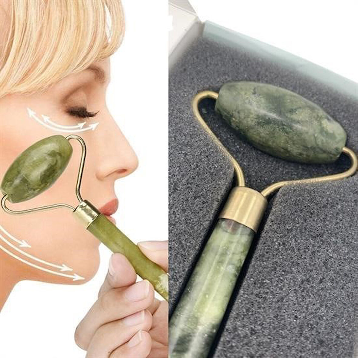 Buffer® Özel Süngerli Kutusunda Kırılmaz Çift Taraflı 2Li Cilt Yüz Masaj Aleti Jade Roller Yeşim Taş