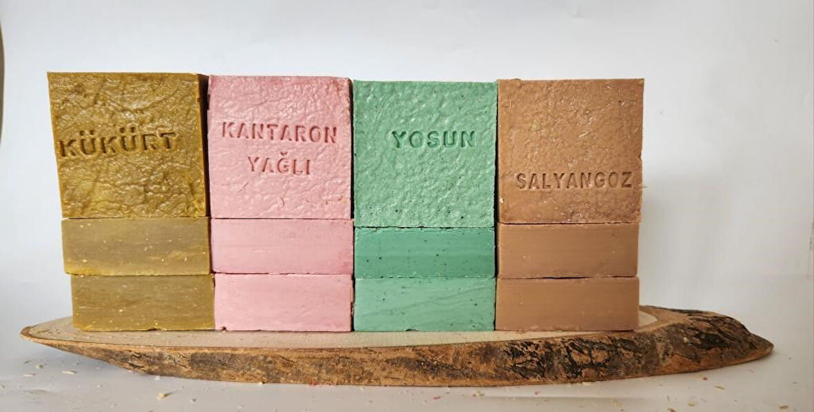 Doğal Üretim Sabunu Karışık (Kükürt-Kantaron-Yosun-Salyangoz) 12'Li Set