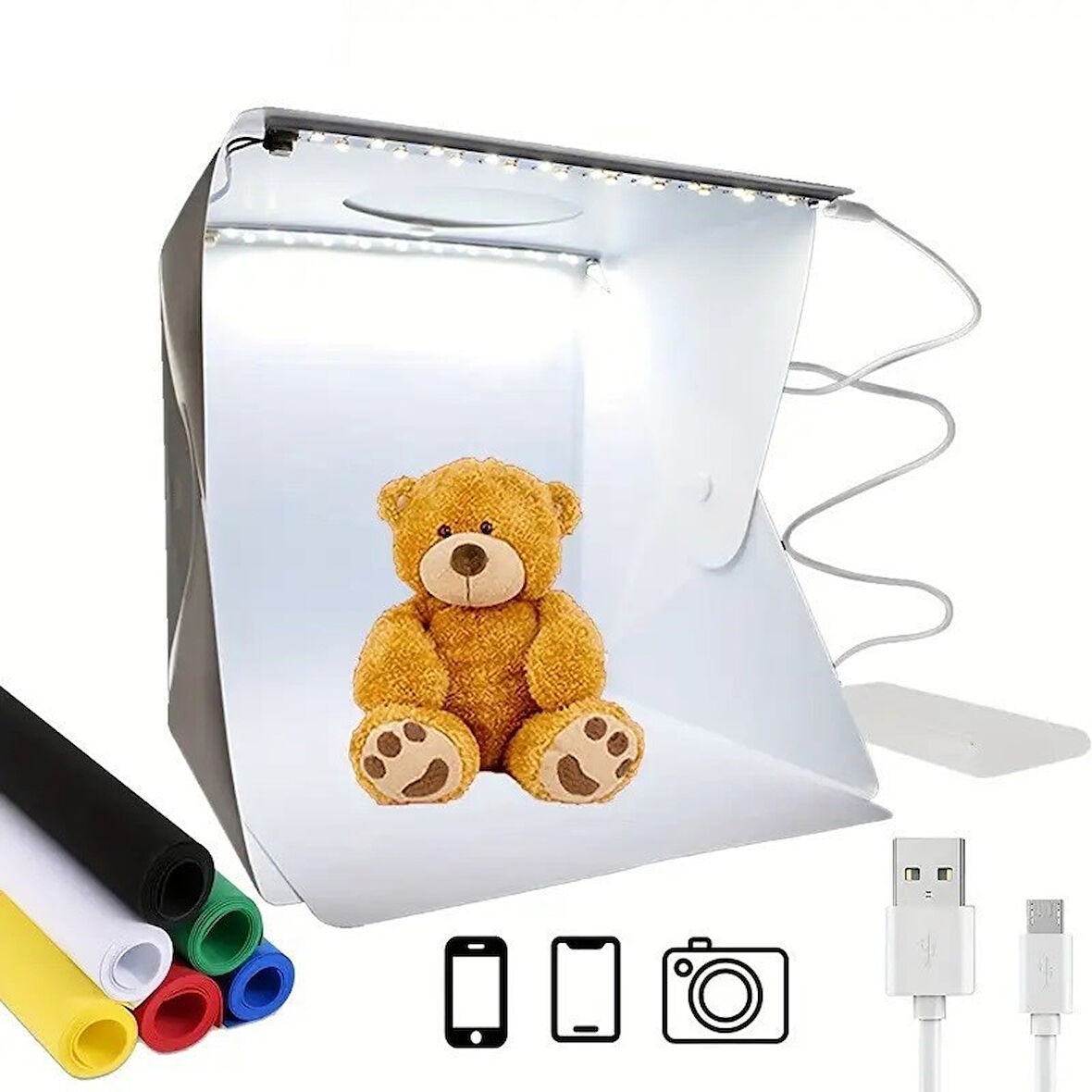 Buffer® Katlanır Işıklı Fotoğraf Stüdyosu 40X40 Cm 6 Renk Fonlu Ürün Çekimi İçin Uygun Fotoğraf Çeki