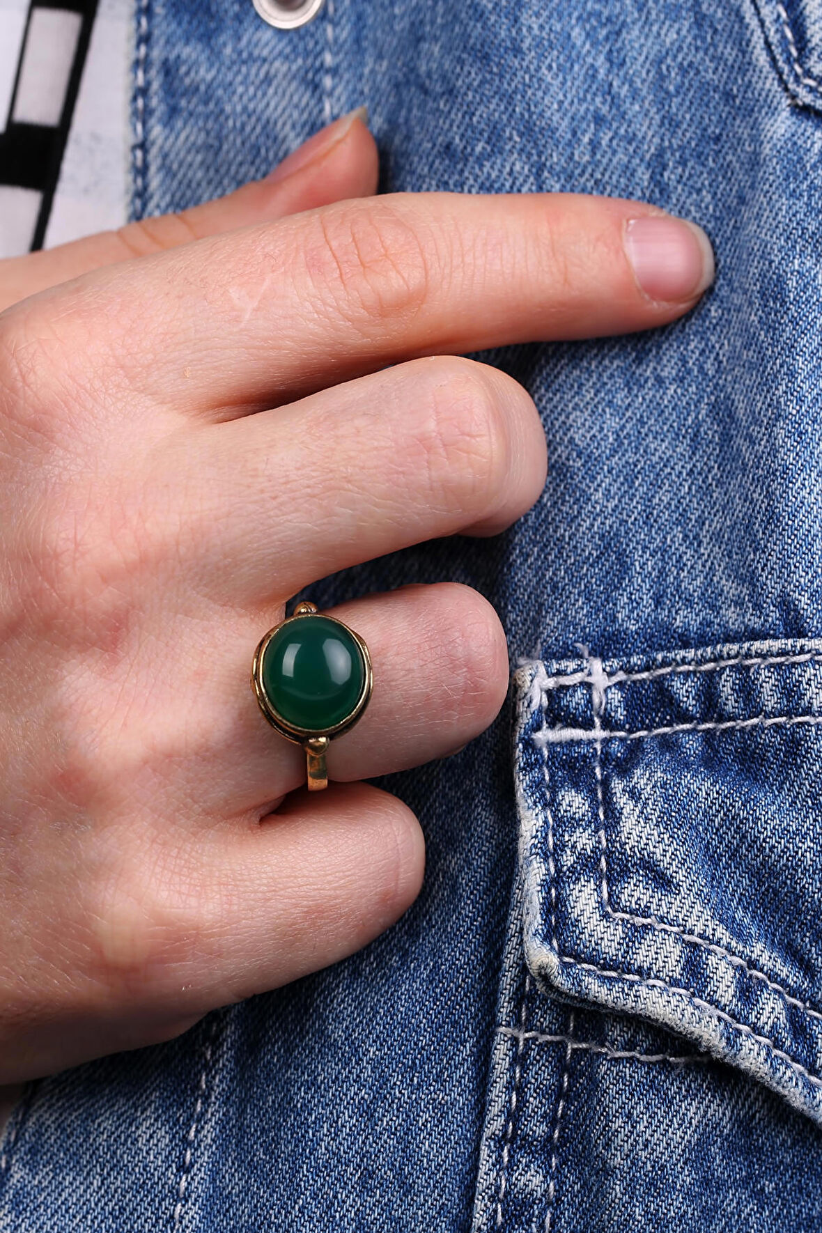 Doğal Taş Yeşil Akik Doğal Taşlı Ayarlanabilir  Yüzük