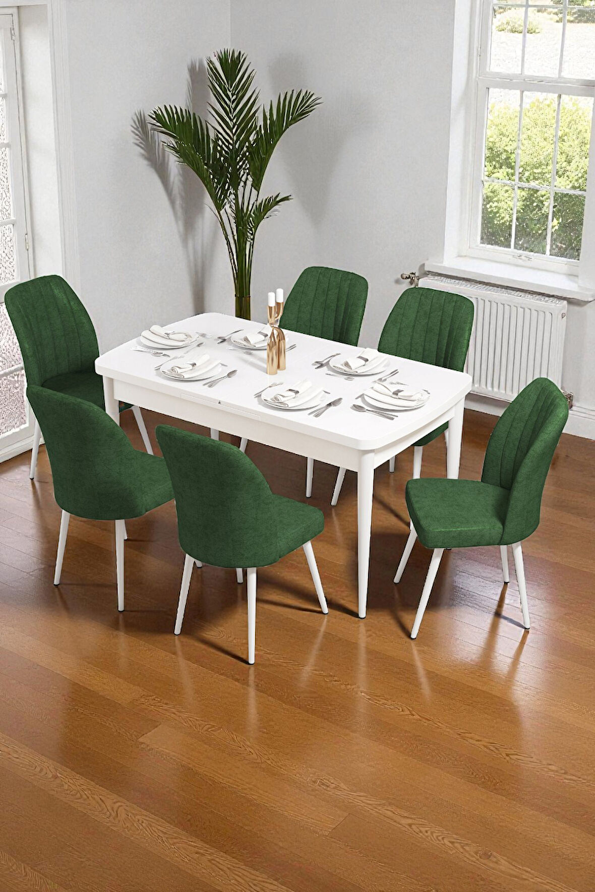 Bara Beyaz 80X132 Açılabilir Sunta Masa Yemek Odası Takımı, Mutfak Takımı 6 Adet Sandalye