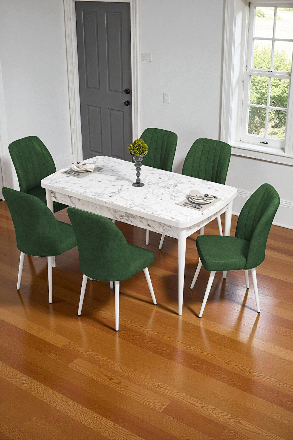 Bara Beyaz Mermer 80X132 Açılabilir Sunta Masa Yemek Odası Takımı, Mutfak Takımı 6 Adet Sandalye