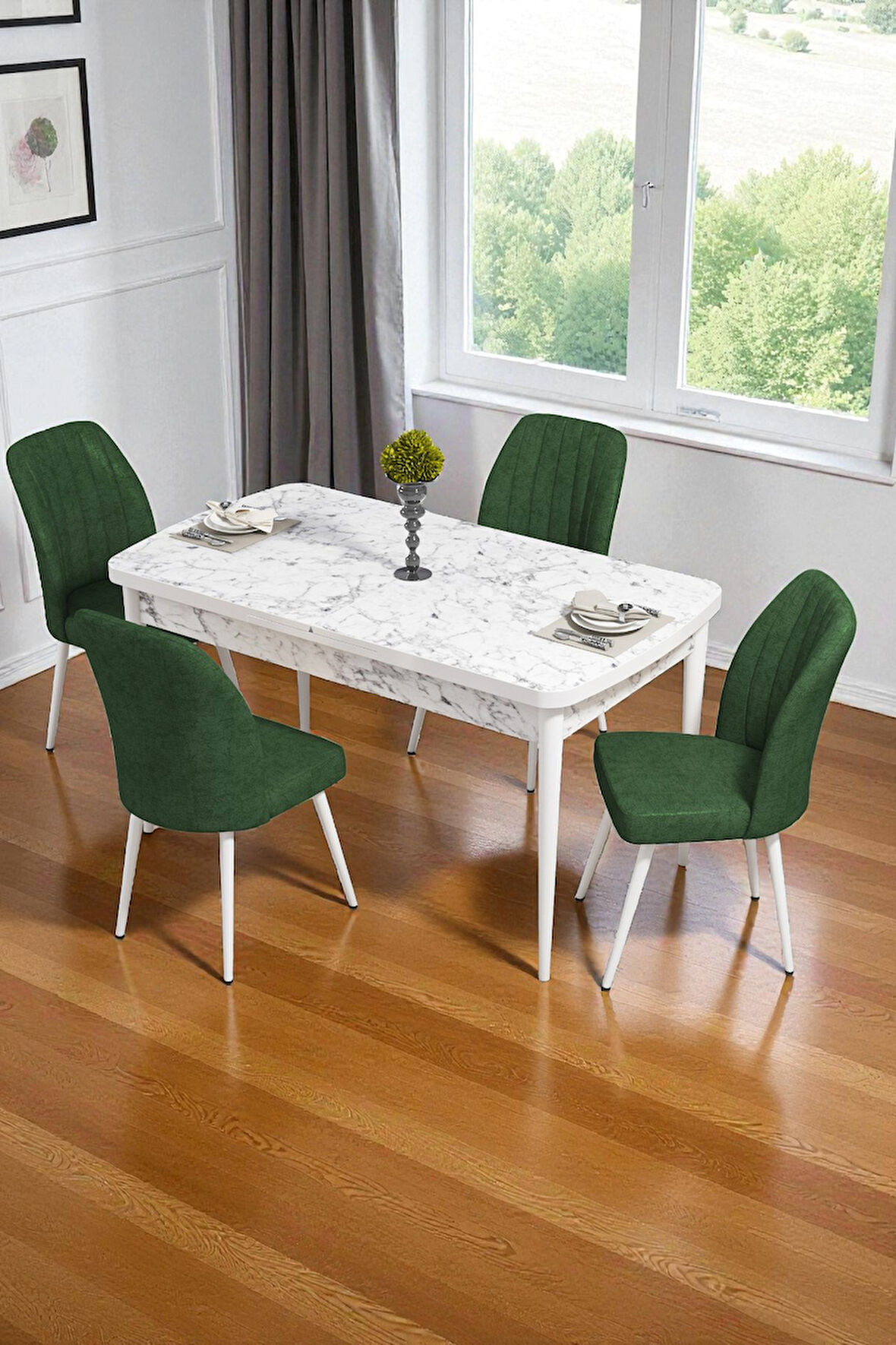 Bara Beyaz Mermer 80X132 Açılabilir Sunta Masa Yemek Odası Takımı, Mutfak Takımı 4 Adet Sandalye