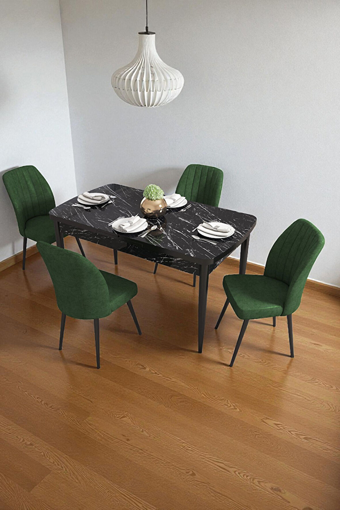 Bara Siyah Mermer 80X132 Açılabilir Sunta Masa Yemek Odası Takımı, Mutfak Takımı 4 Adet Sandalye