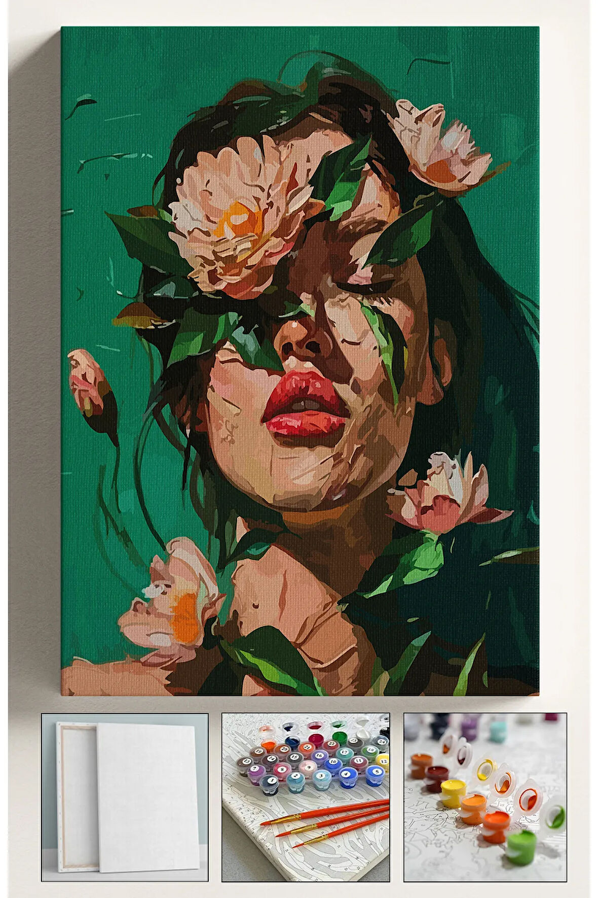 Sayılarla Boyama Seti Numaralı Tuval Fırça Boya Dahil Kasnaklı Set 40x50 Cm - YEŞİL ÇİÇEK KADIN