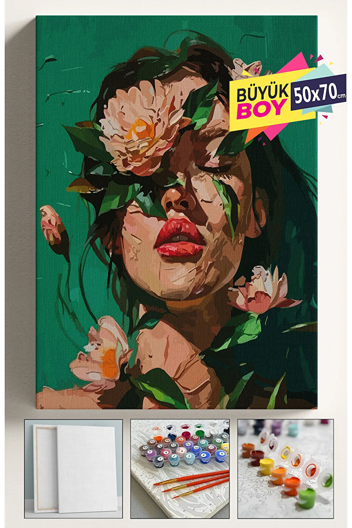 Sayılarla Boyama Seti Numaralı Tuval Fırça Boya Dahil Kasnaklı Set 50x70 Cm - YEŞİL ÇİÇEK KADIN