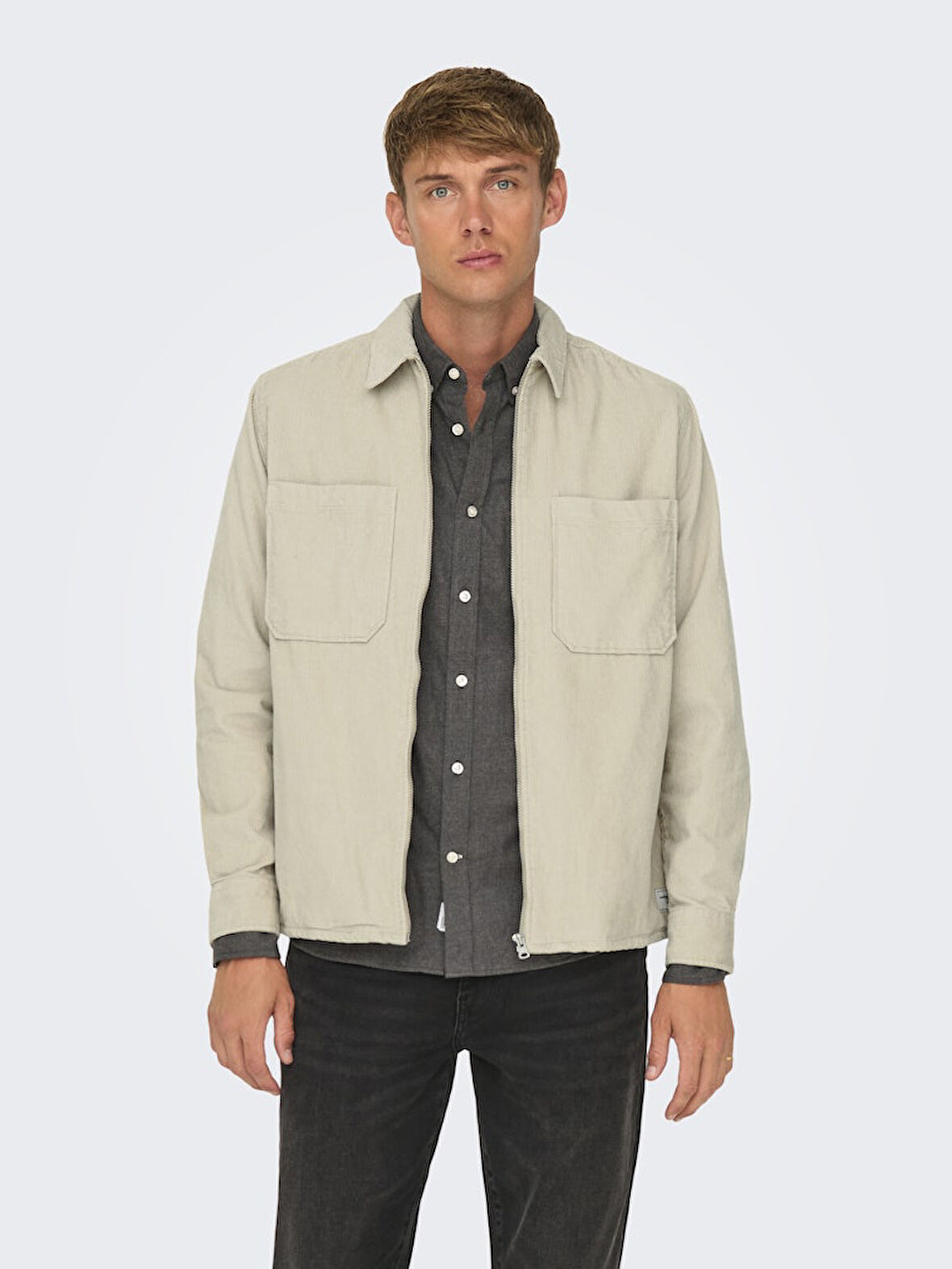 Only & Sons Erkek Relaxed Fit Fermuarlı Bej Kadife Ceket - 22029769