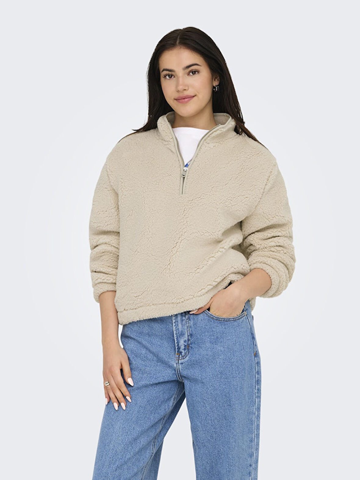 Only Kadın Yarım Fermuarlı Peluş Bej Sweatshirt - 15311631