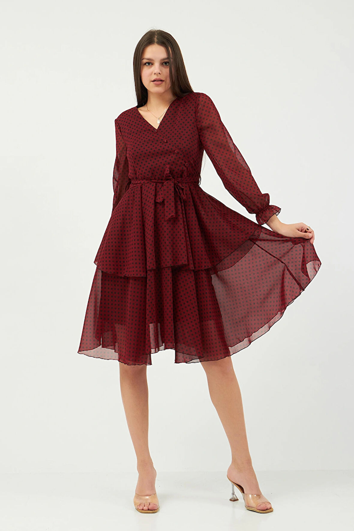 Bordo Puantiye Desenli Şifon Elbise