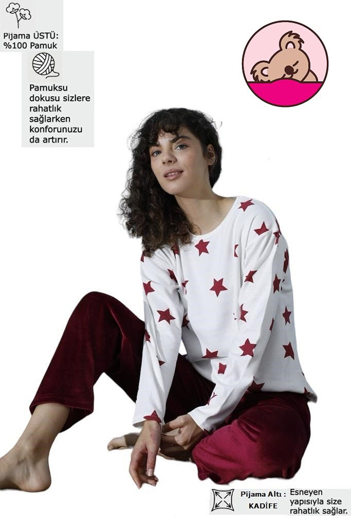 Kadın Bisiklet Yaka Düşük Omuz İnterlok Pamuklu Üst Kadife Alt Kışlık Pijama Eşofman Takım