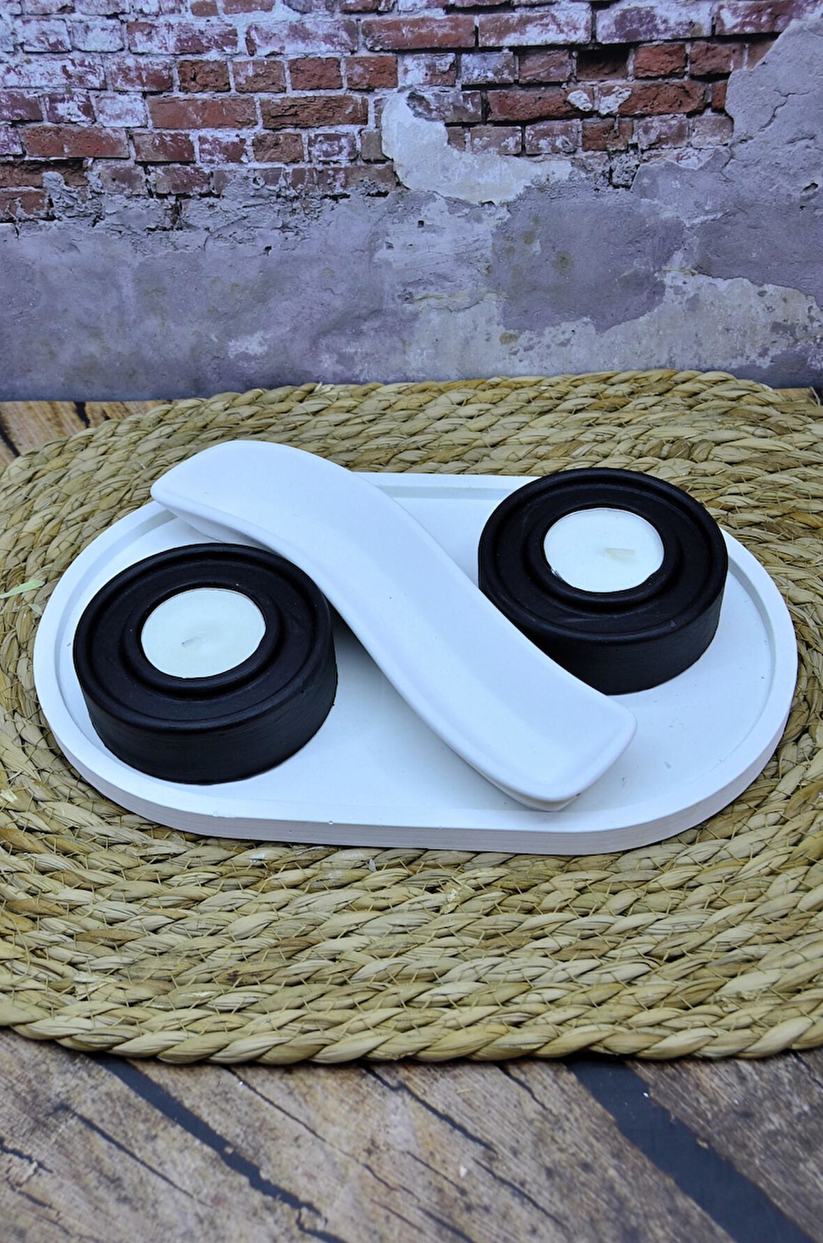 Taş Tozu Dekoratif Tealight Mumluk Seti – 2’li Mumluk, Takı & Sunum Kutusu ve Oval Tabak Yingyang Takı Kutusu