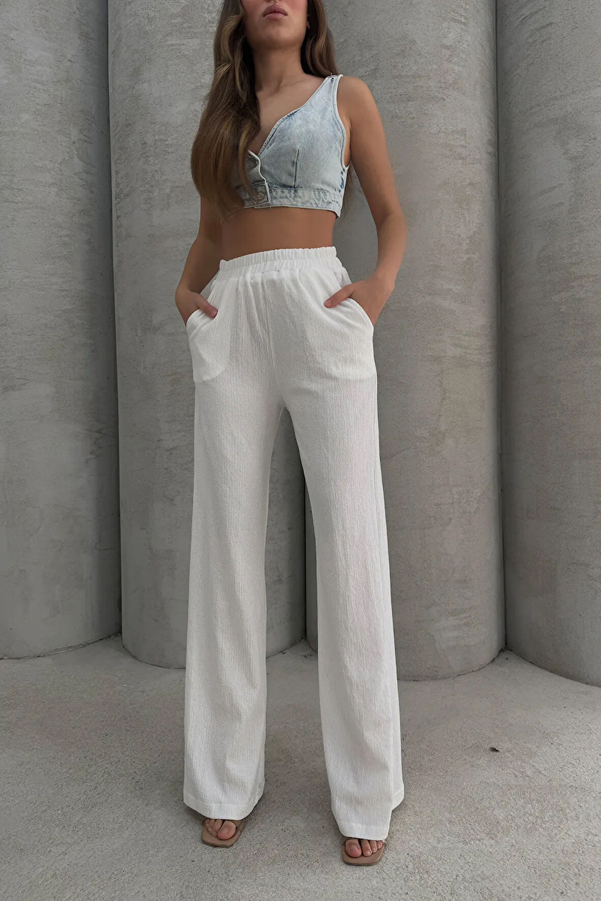 Lesa Wear Yumuşacık Yüksel Bel Geniş Paça Likralı Jarse Pantolon Flared