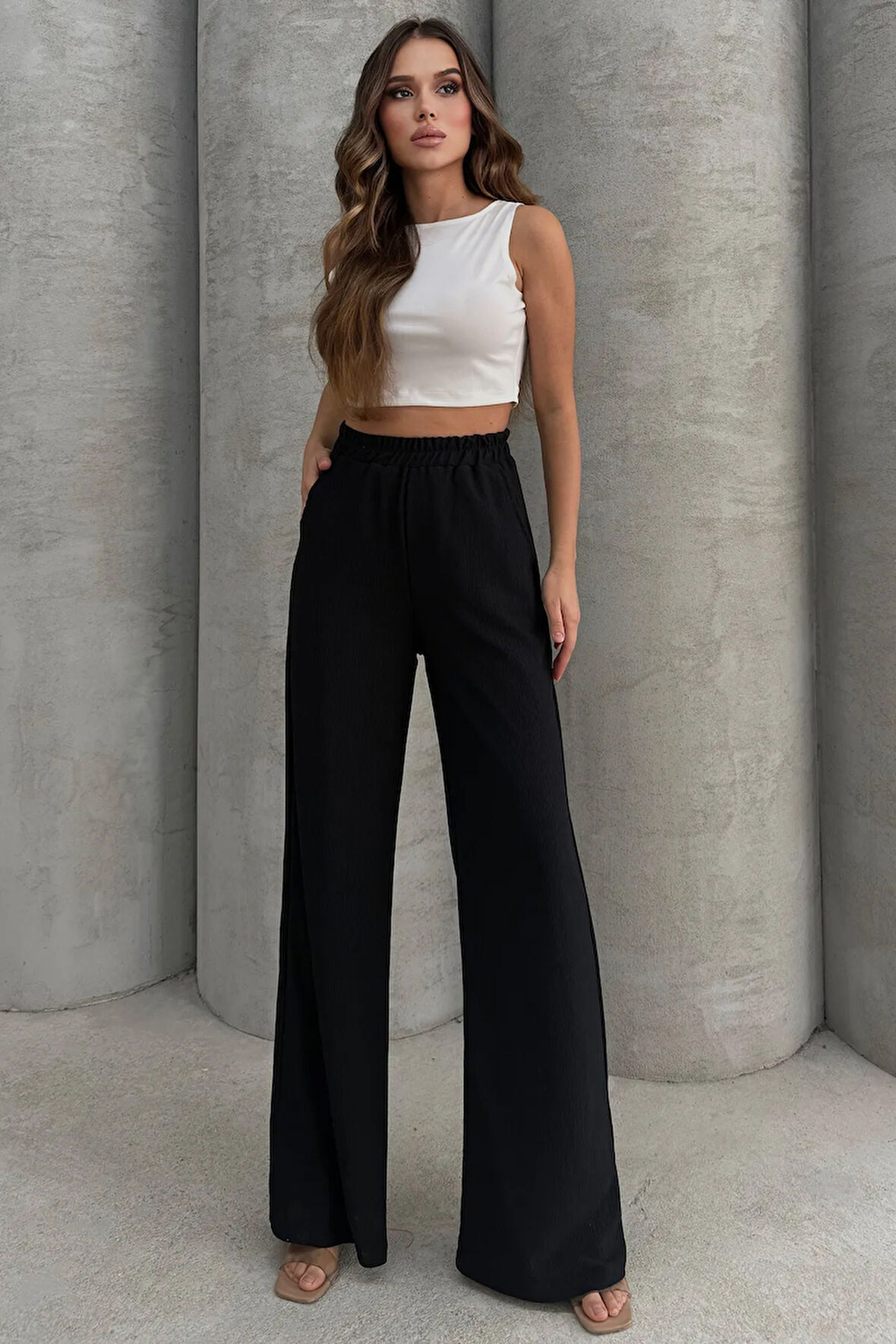 Lesa Wear Yumuşacık Yüksel Bel Geniş Paça Likralı Jarse Pantolon Flared