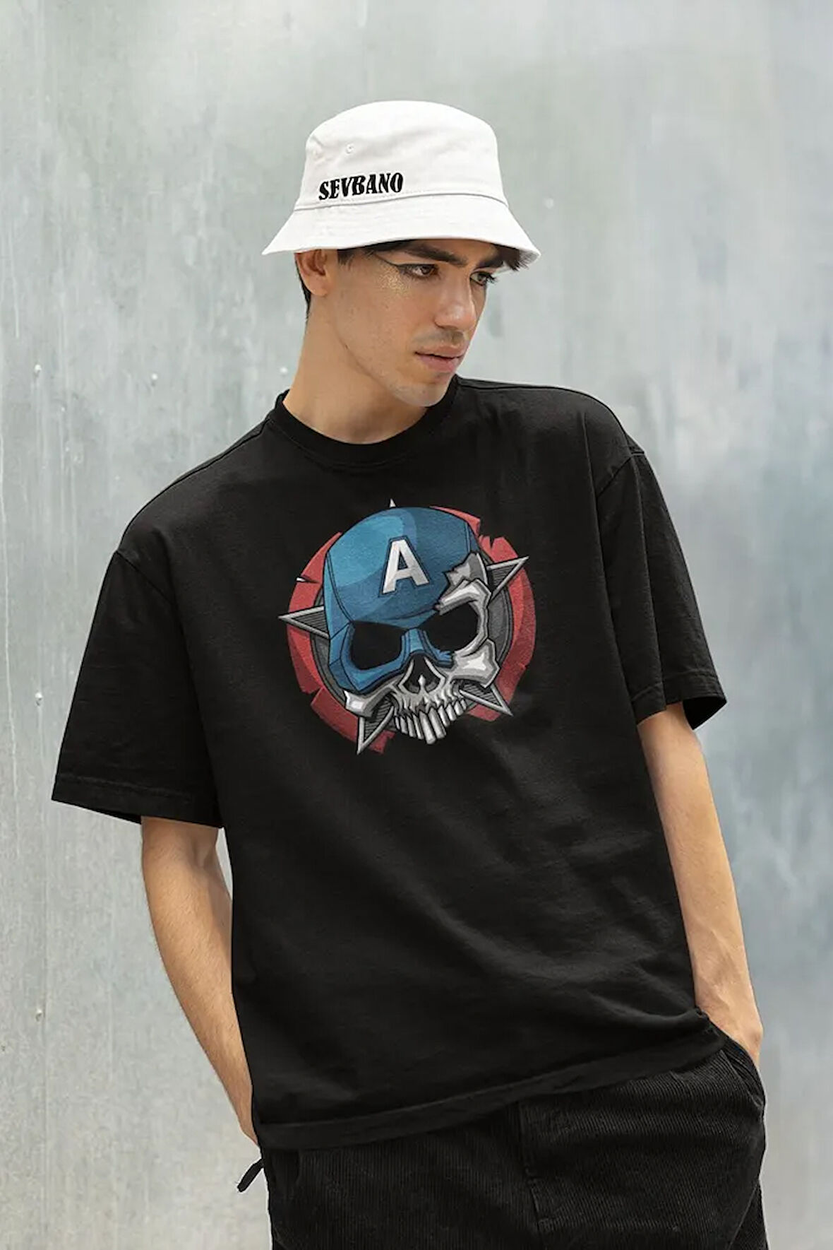 Kuru Kafa Kaptan Amerika Baskılı Unisex Oversize Anime Tişört