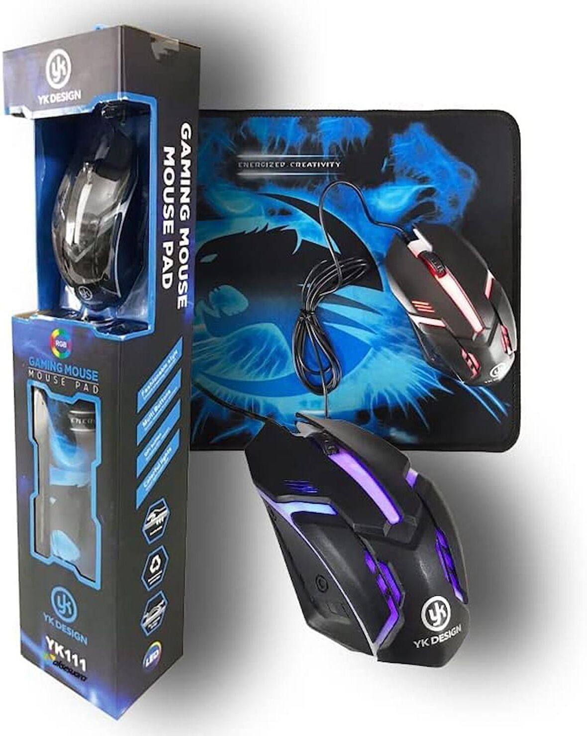 Işıklı Oyuncu Mouse + Mouse Pad Set, Yüksek Kalite, RGB Işıklı Gaming Mouse ve 30x24cm Desenli Oyuncu MousePad