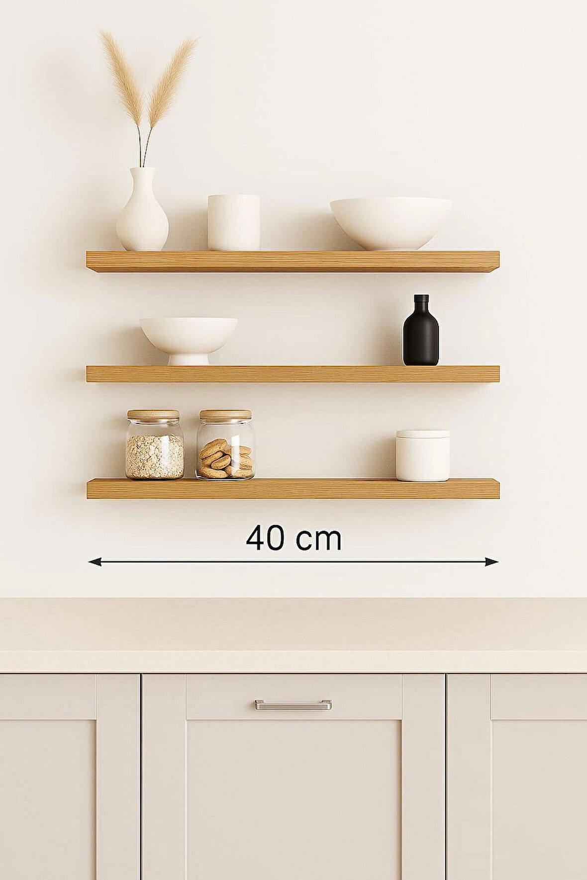 40 cm 3lü Safir Meşe Mdf Uçan Duvar Rafı Gizli Bağlantı Kitaplık Ahşap