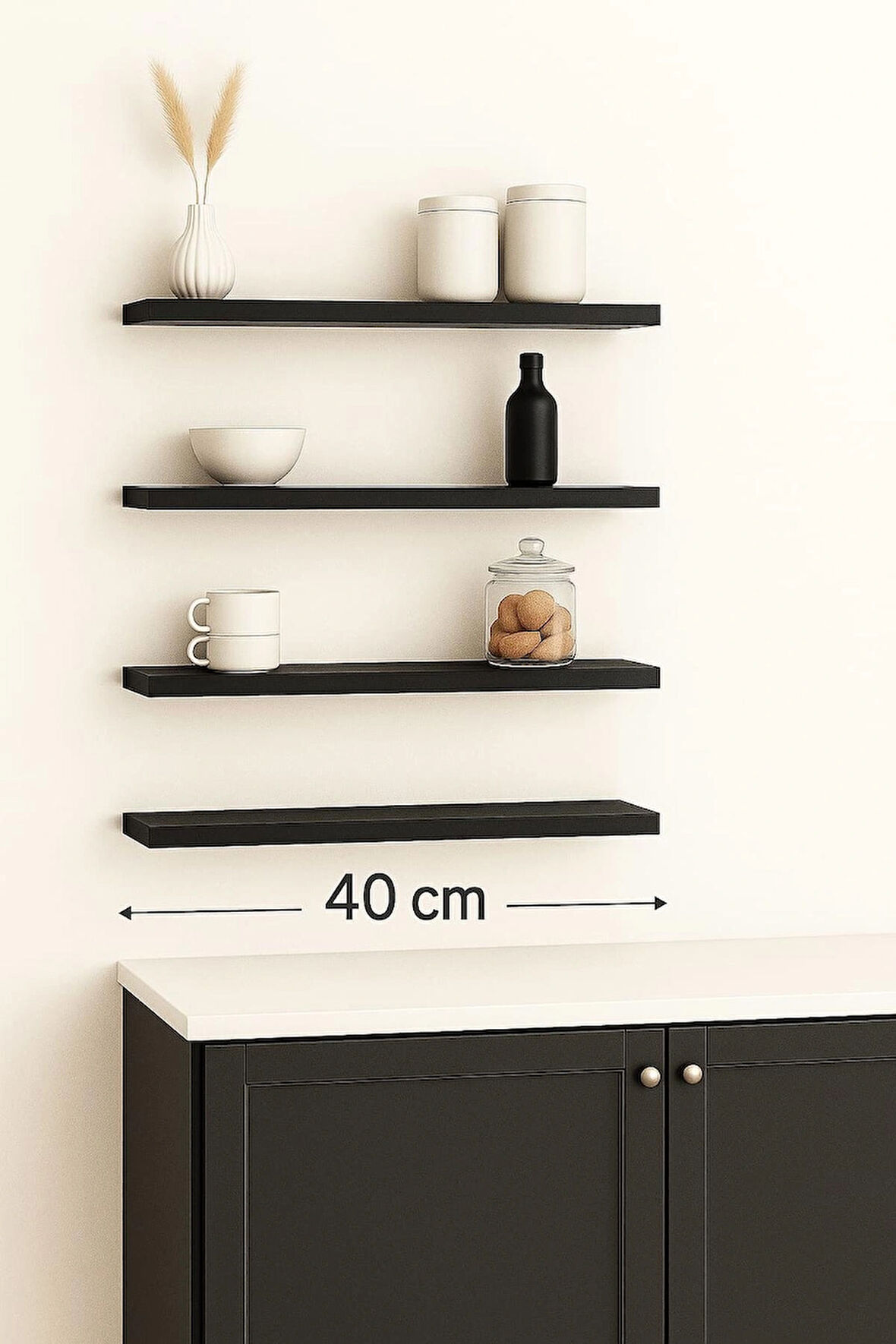 40 cm 4lü Mat Siyah Mdf Uçan Duvar Rafı Gizli Bağlantı Kitaplık Ahşap