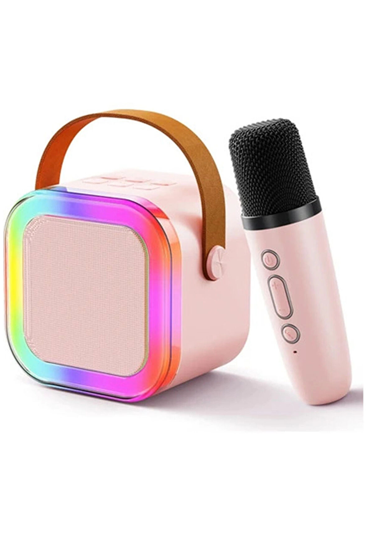 Karaoke Kablosuz Hoparlör Mikrofonlu Rgb Işıklı Bluetooth Speaker Tf Kart/Usb Pembe