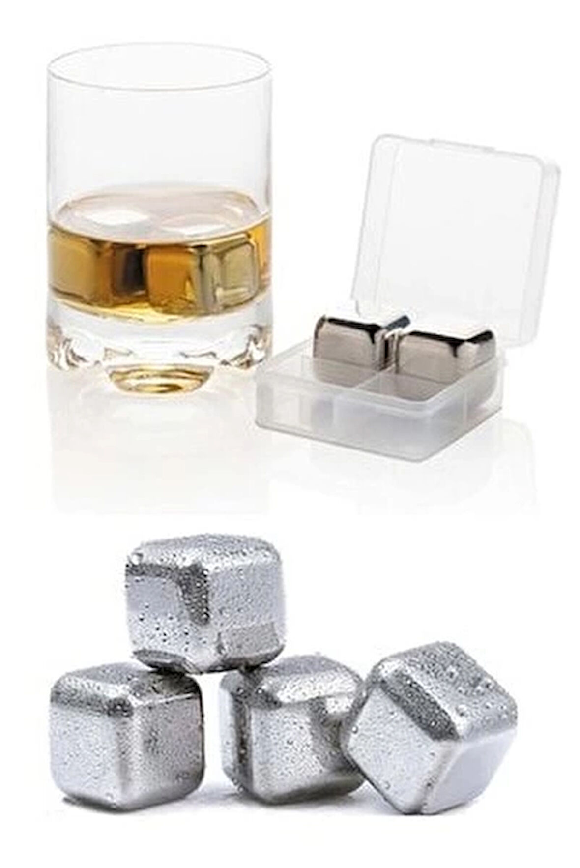 4'Lü Çelik Metal Kaplama Viski Taşı Soğutma Buz Küpü
