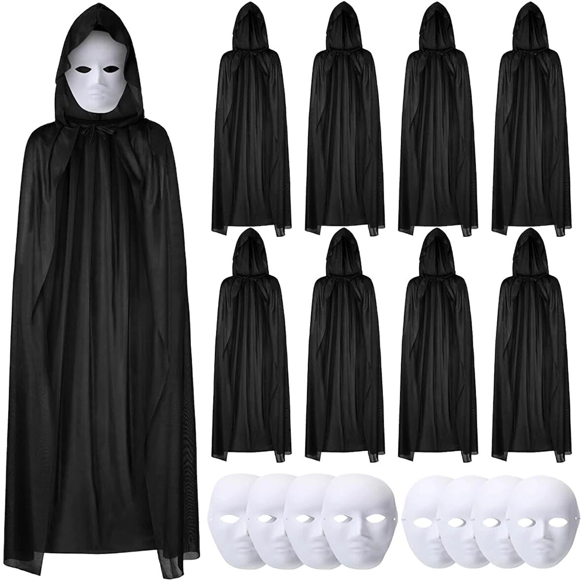 120 Cm Siyah Kapüşonlu Pelerin Ve Boyanabilir Karton Maske 8’Li Set