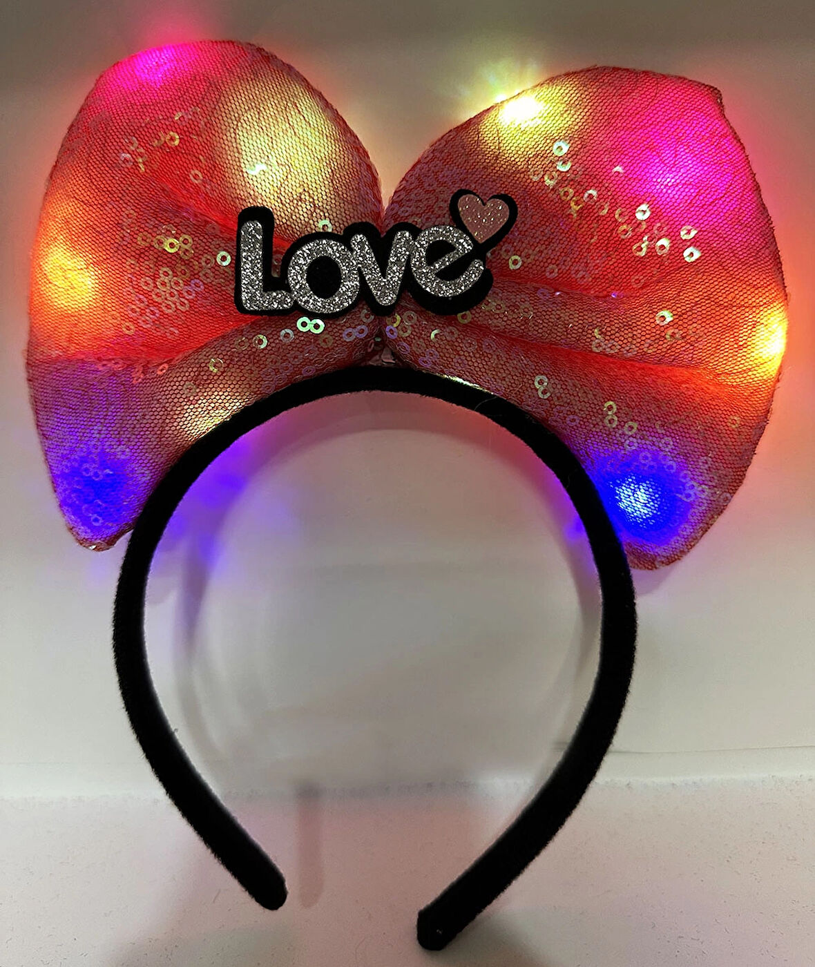 Led Işıklı 3 Farklı Fonksiyonda Yanan Gümüş Love Yazılı Fuşya Pembe Fiyonk Taç 20X17 Cm