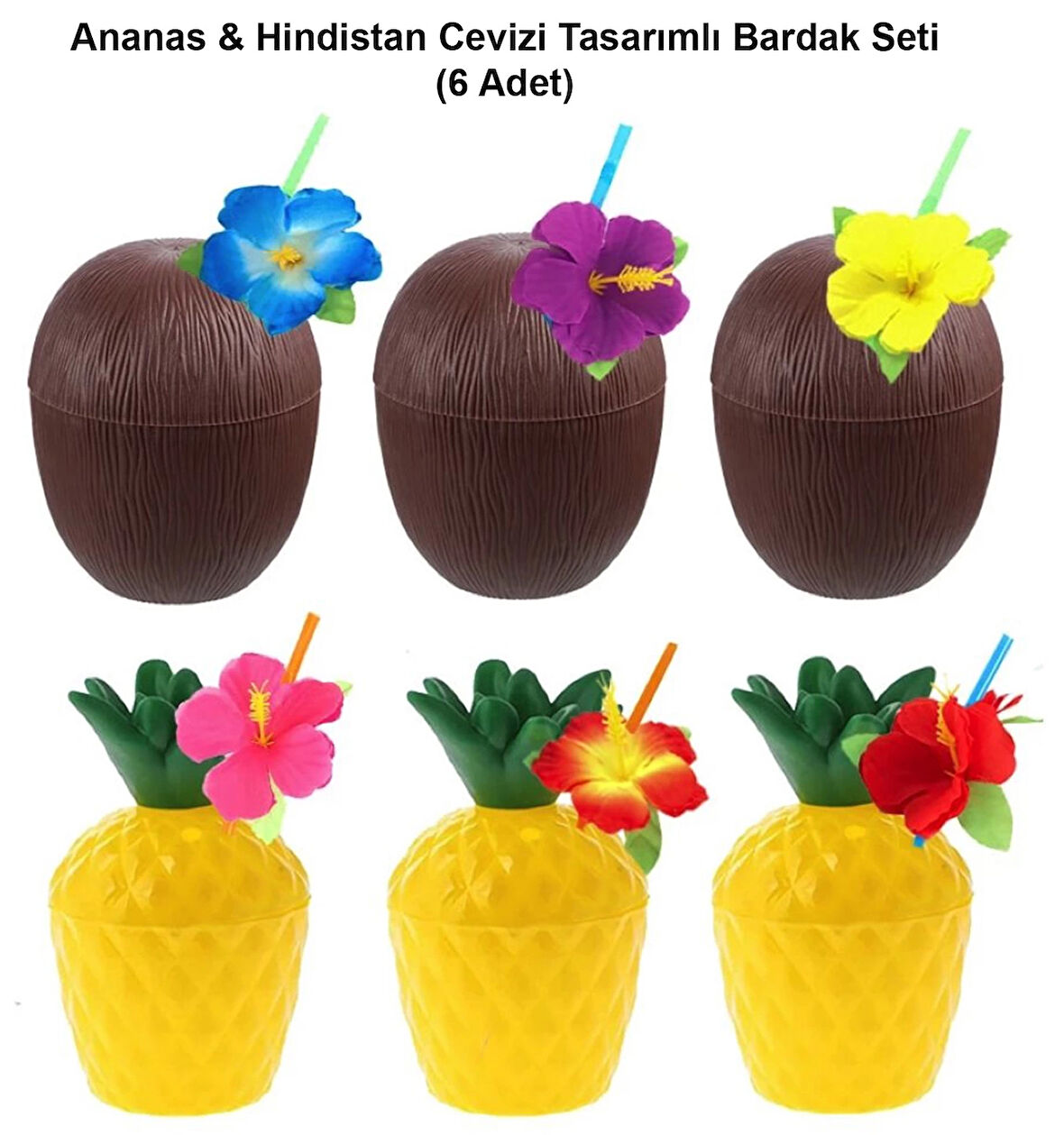 Ananas Hindistan Cevizi Tasarımlı Pipetli Bardak Seti (6 Adet)