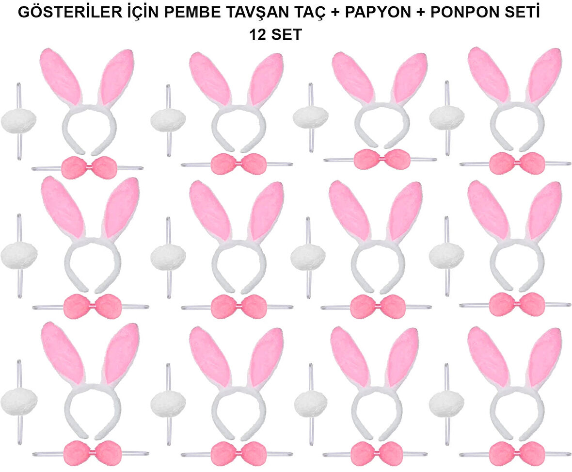 Pembe Tavşan Kostüm Seti – Taç, Papyon, Ponpon (12’Li Paket)