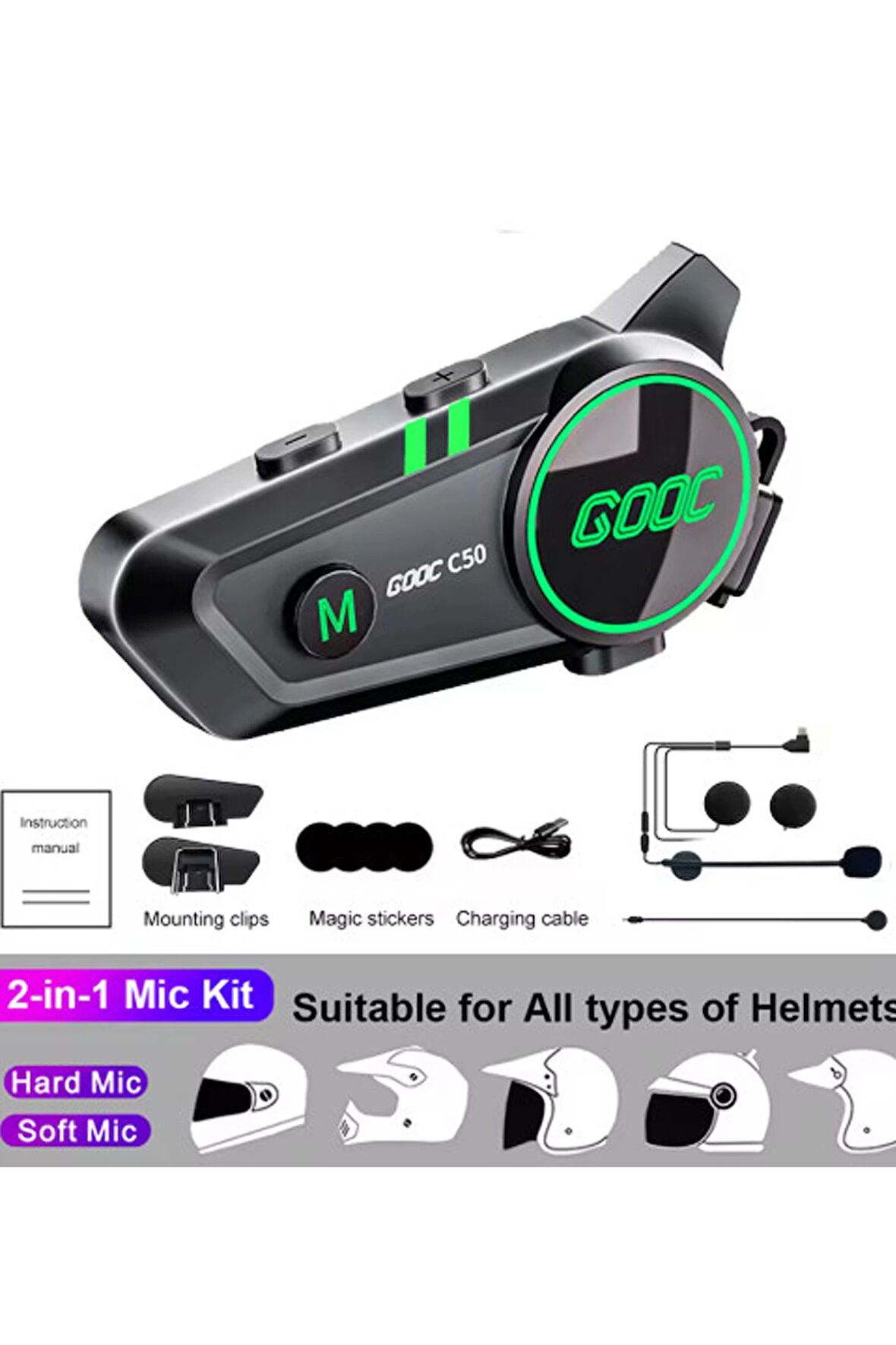 C50 2X Motosiklet Intercom Kask Kulaklık 1000 Mah Rgb Işıklı Çift Eşleşme