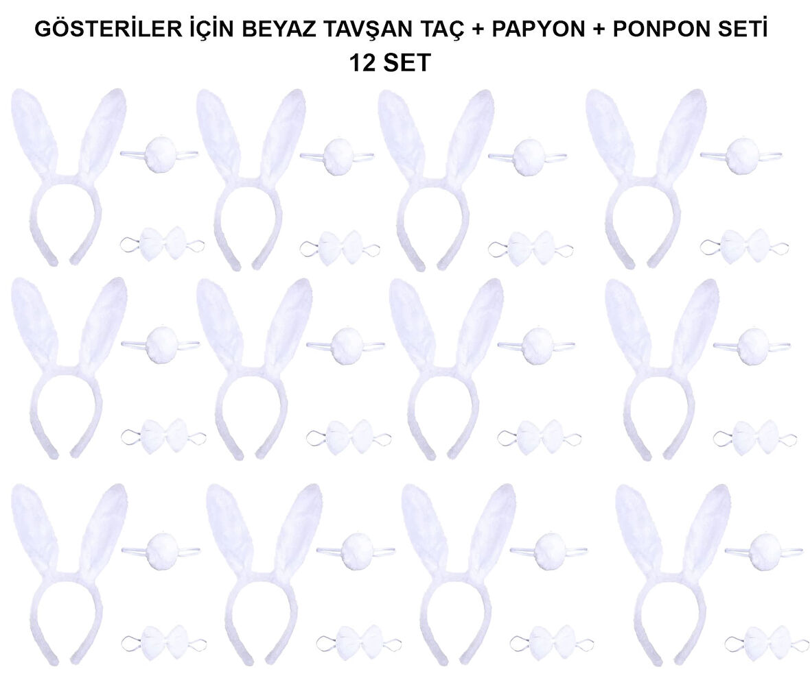 Beyaz Tavşan Kostüm Seti – Taç, Papyon, Kuyruk (12’Li Paket)