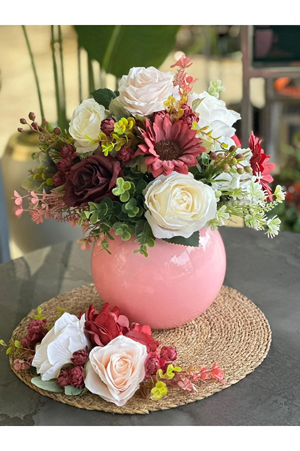 Yapay Çiçekli Cam Vazo ve Supla Set No:2