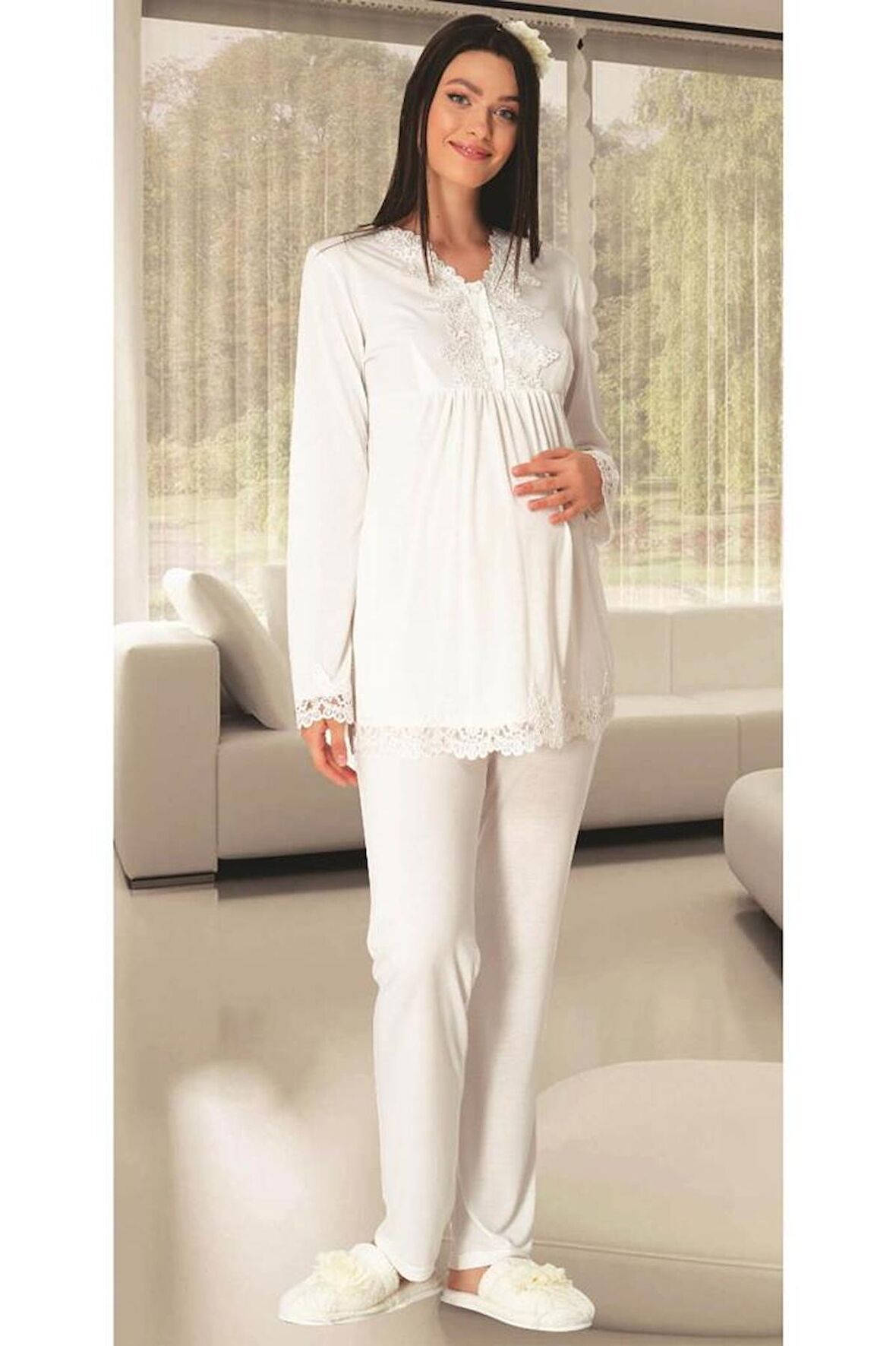 Carpediem L.R. 1501 Kadın Hamile Lohusa Ekru Pijama Takımı