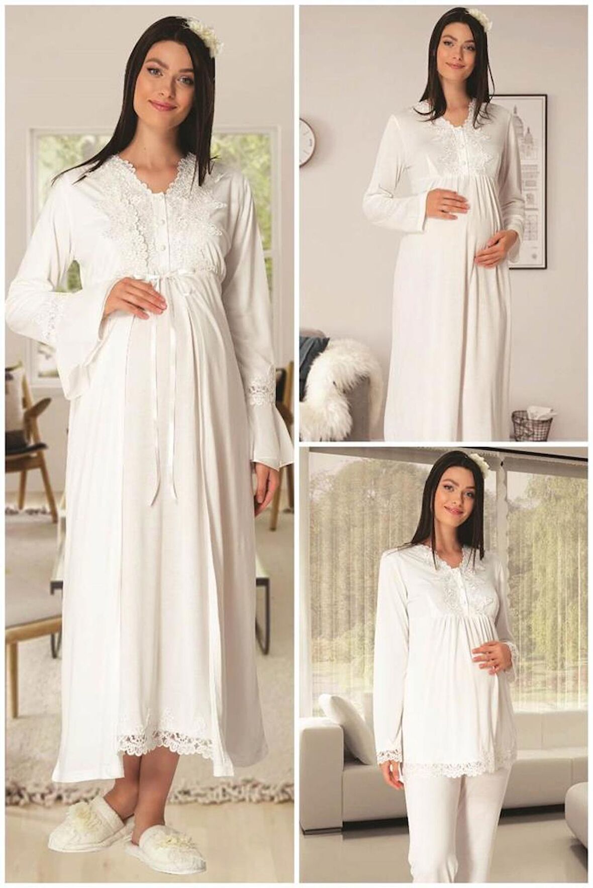 Carpediem LR 1519 Kadın Ekru 4 Parça Hamile Lohusa Gecelik Seti