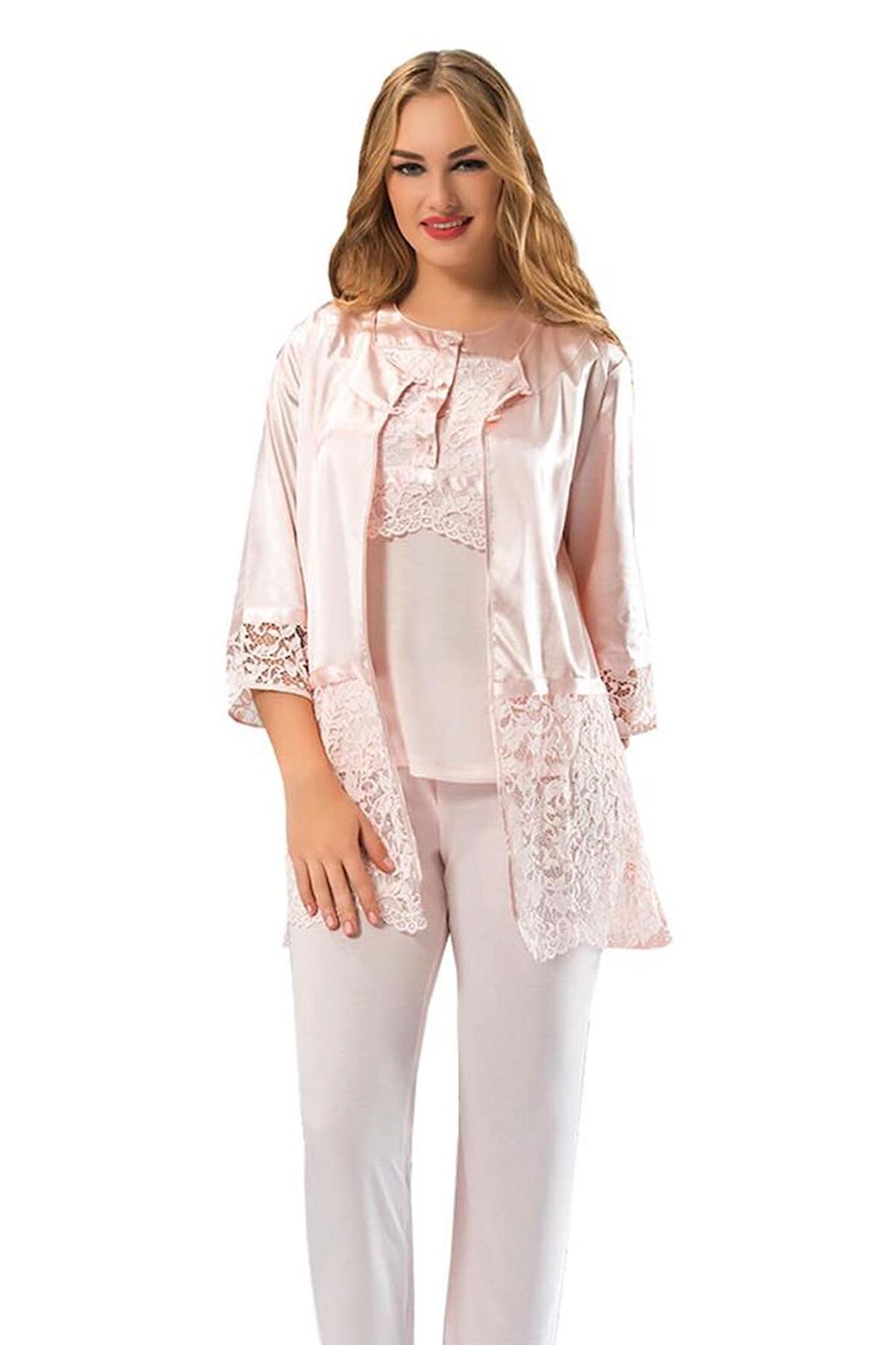 Sistina Kadın Pudra Penye Dantelli Sabahlık Pijama Takımı 1417