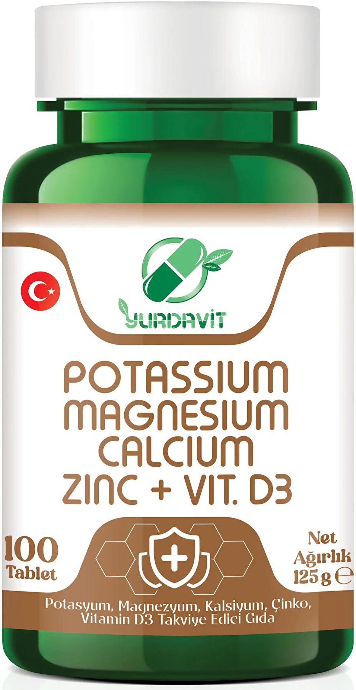 Yurdavit Potassium Magnesium Calcium Zinc Vitamin D3 100 Tablet Potasyum Magnezyum Kalsiyum Çinko D3 Vitamini