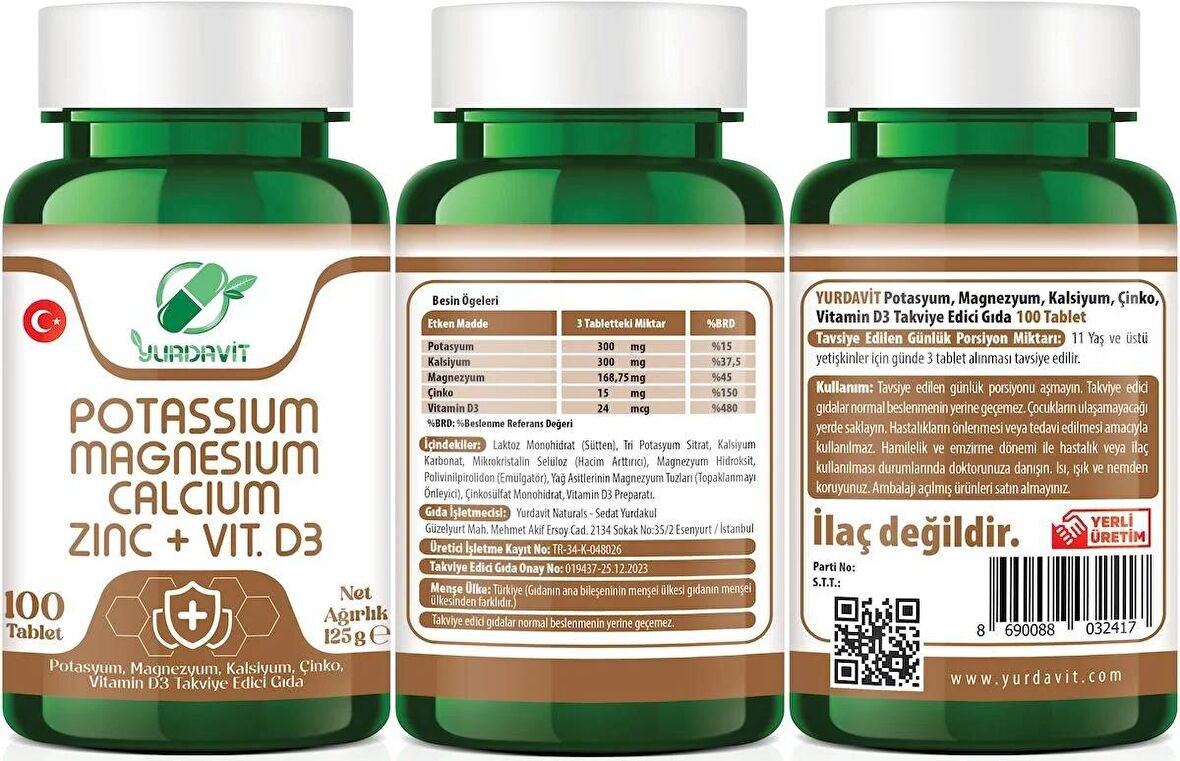 Yurdavit Potasyum Magnezyum Kalsiyum Çinko D3 Vitamini 4x100 Tablet Potassium Magnesium Calcium Zinc Vitamin D3