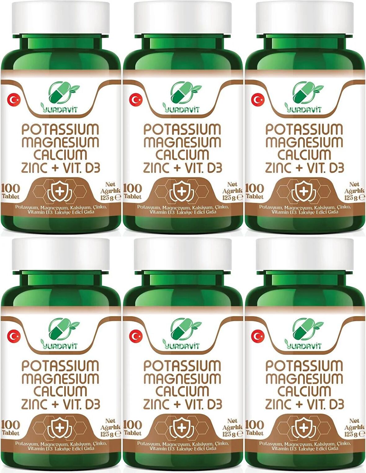 Yurdavit Potassium Magnesium Calcium Zinc Vitamin D3 6x100 Tablet Potasyum Magnezyum Kalsiyum Çinko D3 Vitamini