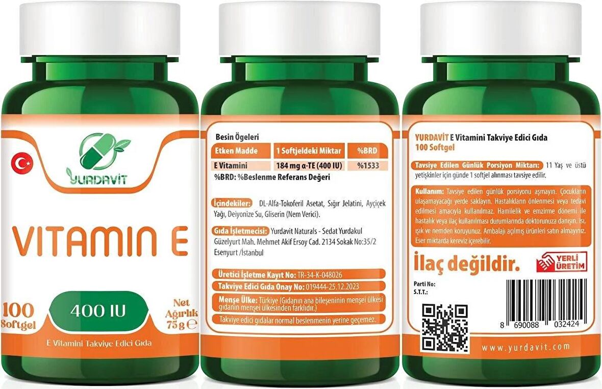 Yurdavit E Vitamini 400 IU 4x100 Softgel Vitamin E 