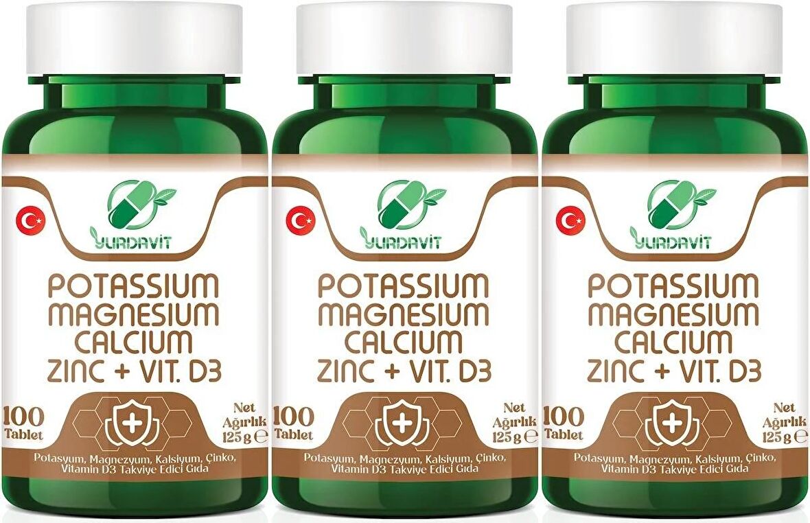 Yurdavit Potassium Magnesium Calcium Zinc Vitamin D3 3x100 Tablet Potasyum Magnezyum Kalsiyum Çinko D3 Vitamini