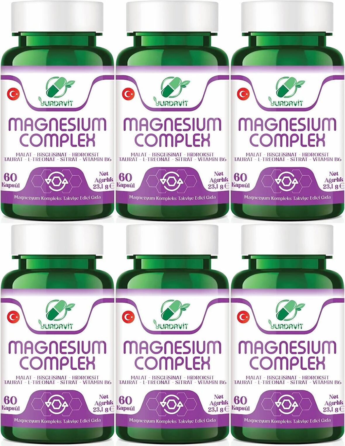 Yurdavit Magnesium Complex 6x60 Kapsül Malate Bisglycinate Hydroxide Taurate L-Threonate Citrate Vitamin B6