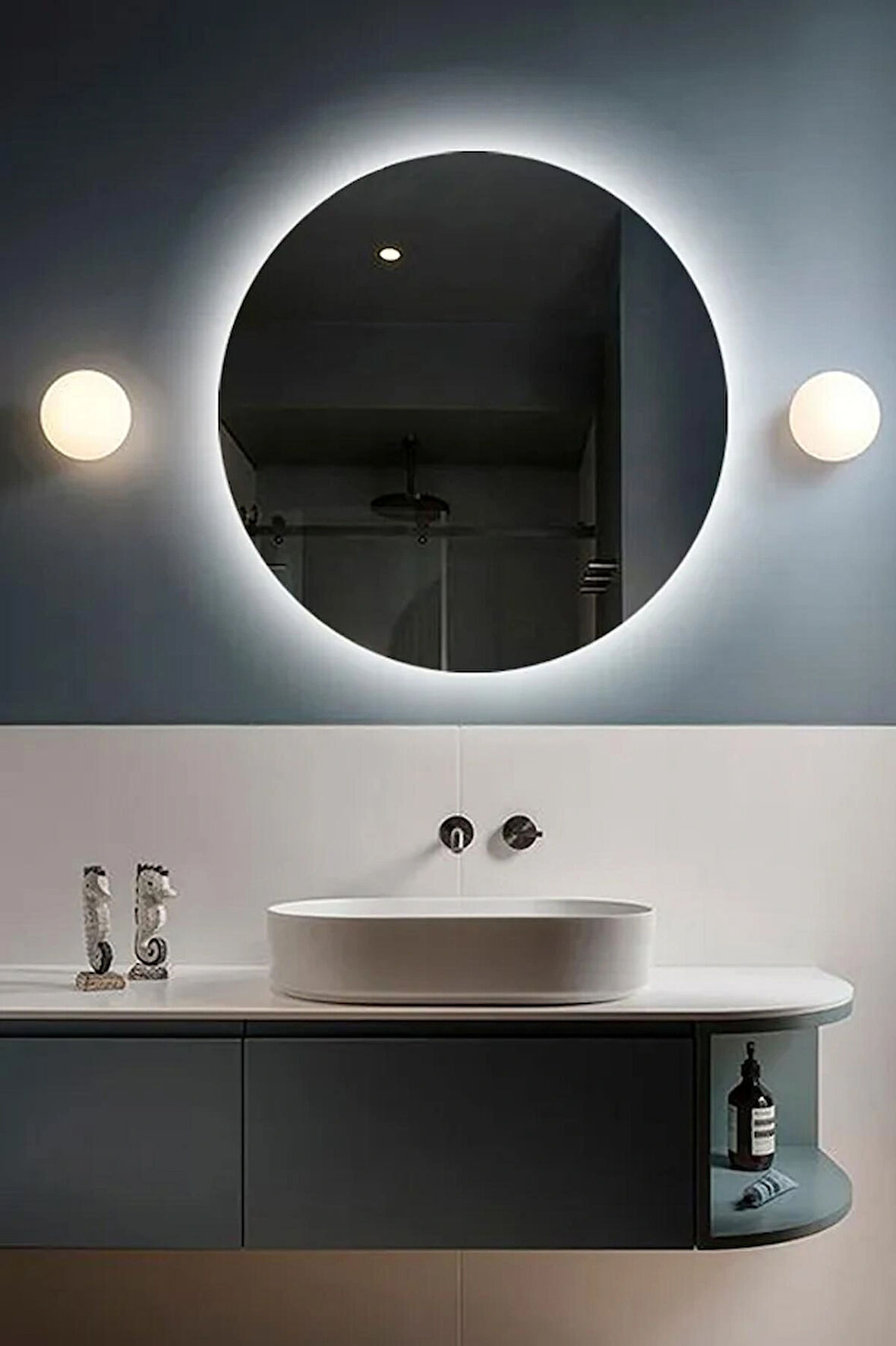 Fawdecor Led Işıklı Yuvarlak Model Dekoratif Duvar Aynası, Modern Eşsiz Ayna, Ayna Duvar Dekorasyon Ürünü 60 x 60 Cm Beyaz Işık