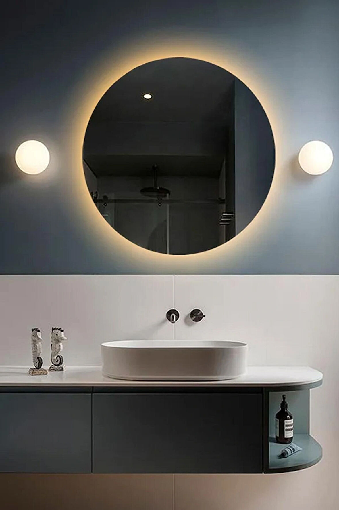 Fawdecor Led Işıklı Yuvarlak Model Dekoratif Duvar Aynası, Modern Eşsiz Ayna, Ayna Duvar Dekorasyon Ürünü 50 x 50 Cm Gün Işığı