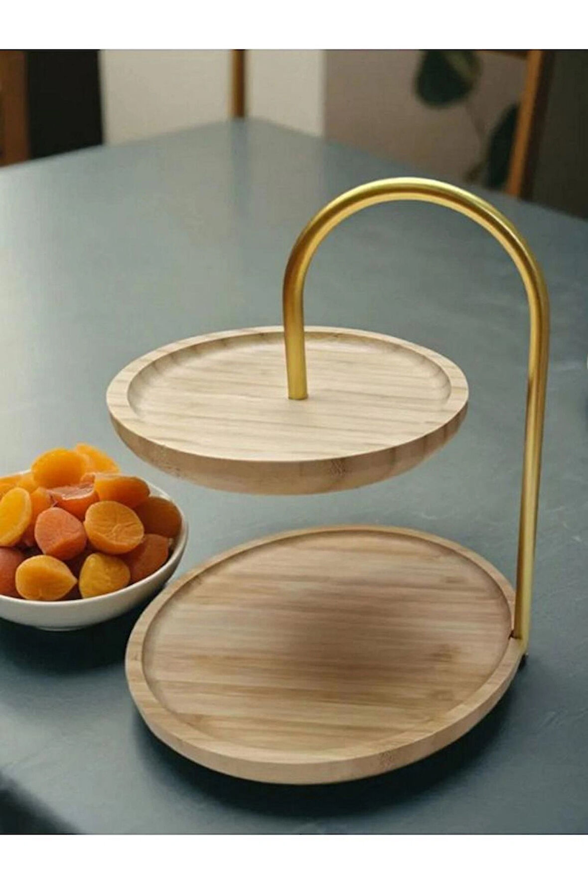 BlissRa Bambu Sunumluk, Sunum Standı, Çift Katlı Sunumluk, Bambu Yuvarlak Sunumluk