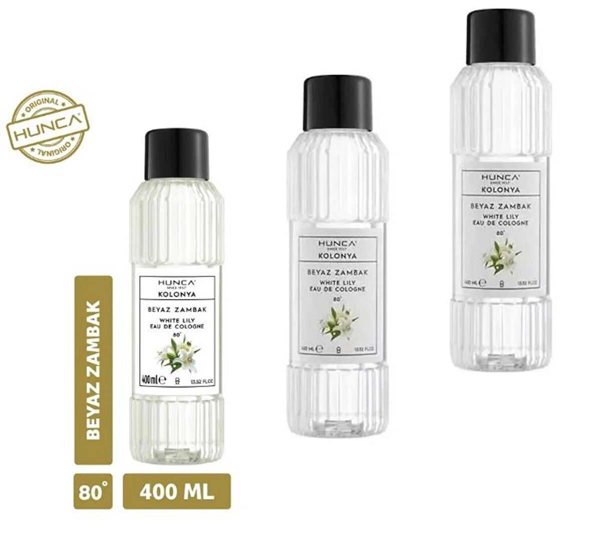 Hunca Beyaz Zambak Kolonyası 400 ml – Ferahlatıcı ve Zarif Çiçek Kokusu 3 ADET